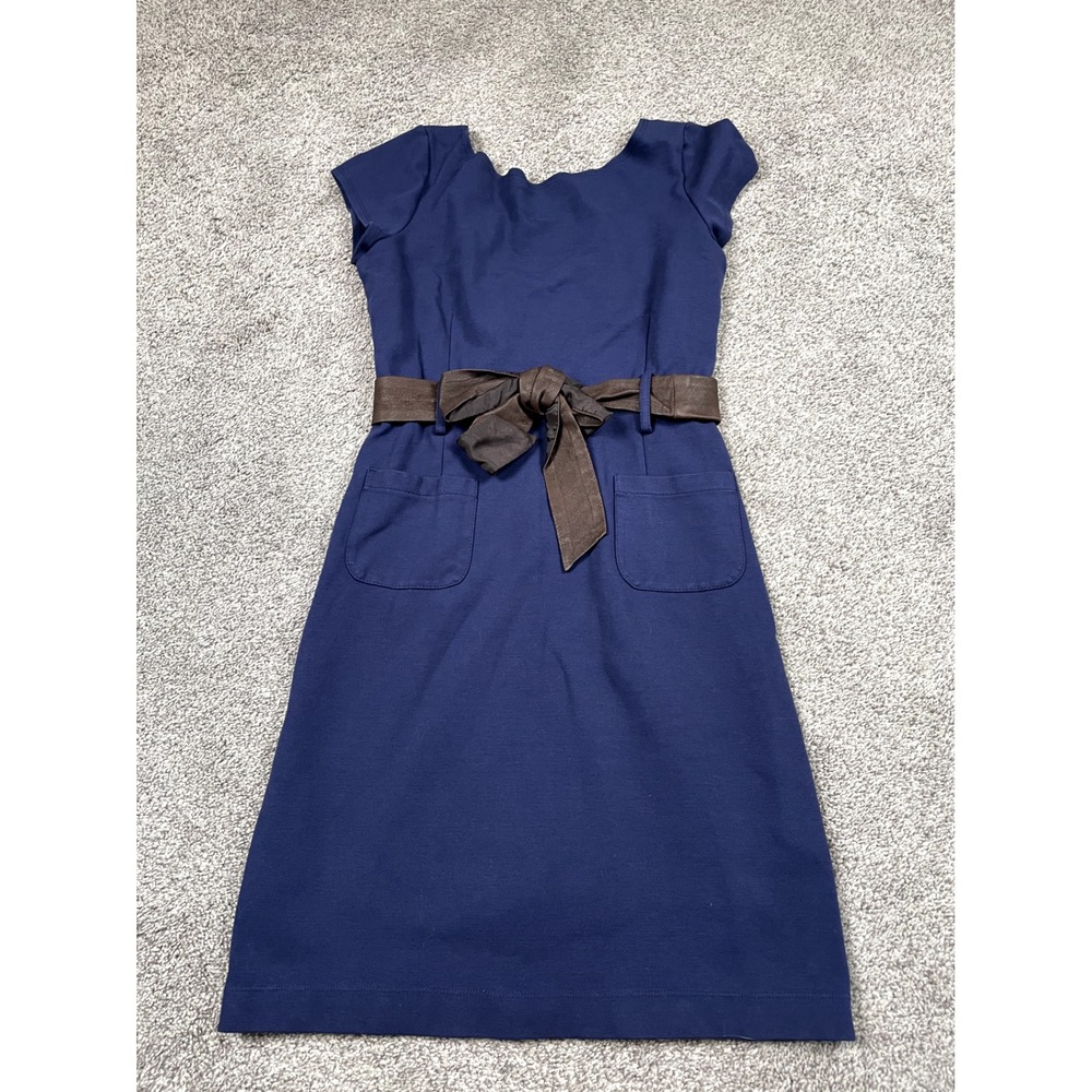 Theory Dress Womens Medium Navy Blue Belted Scoop Back Stretch Slimming Classic